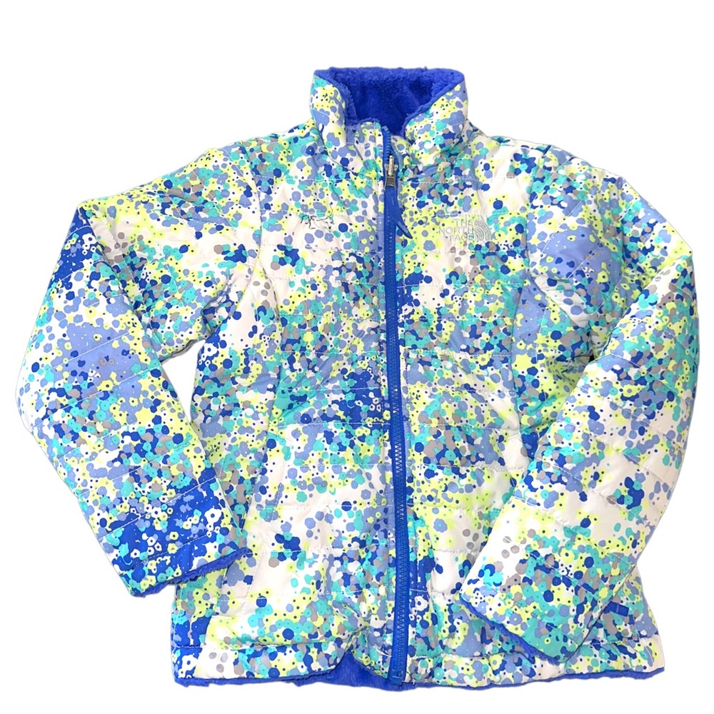 The North Face Mossbud Swirl Floral Reversible Jacket Fuzzy Blue/Multi Sz 7/8